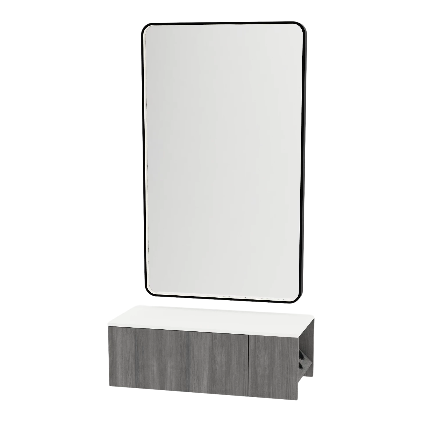 Glo Wall Mount Styling Station with Concealed Appliance Holder, Solid Surface Countertop, and Black Rectangle Westin Mirror