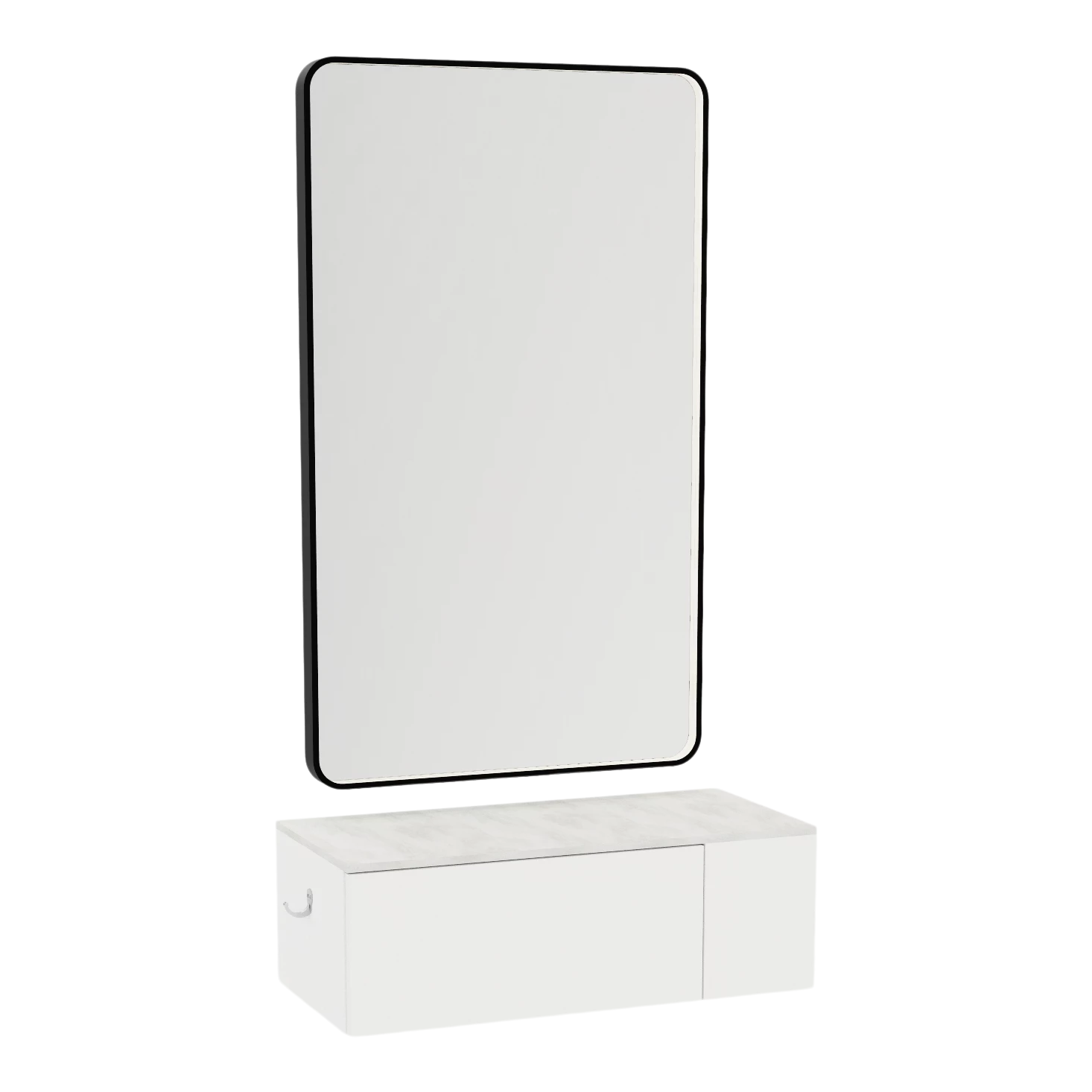 Glo Wall Mount Styling Station with Concealed Appliance Holder, Solid Surface Countertop, and Black Rectangle Westin Mirror