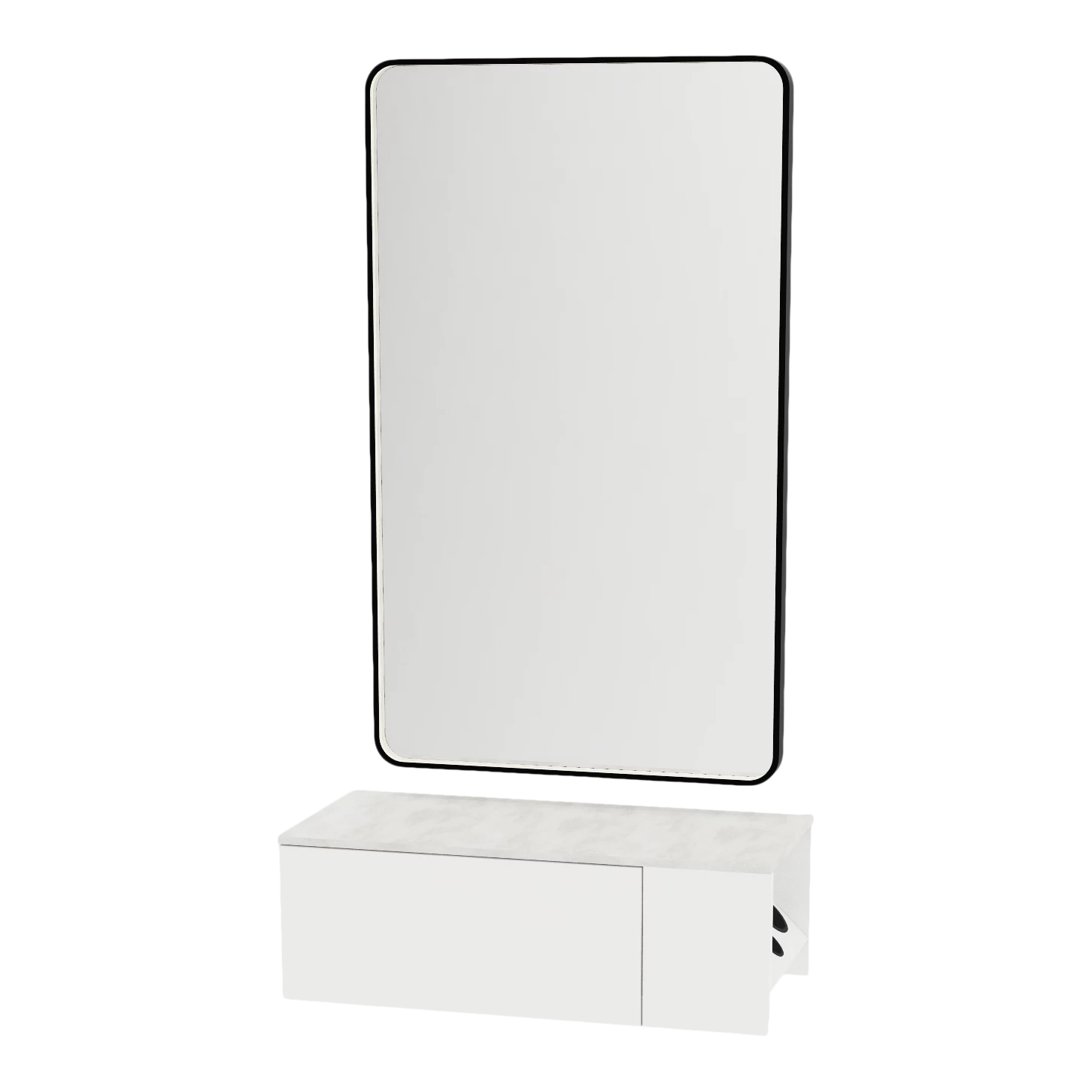 Glo Wall Mount Styling Station with Concealed Appliance Holder, Solid Surface Countertop, and Black Rectangle Westin Mirror