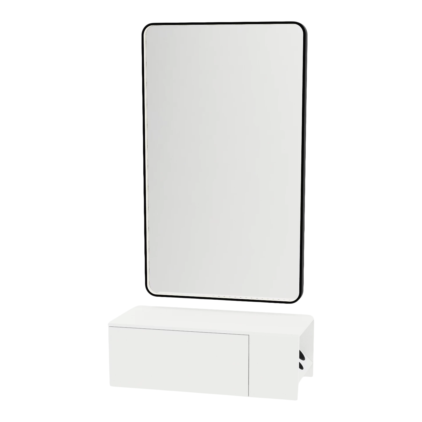 Glo Wall Mount Styling Station with Concealed Appliance Holder, Solid Surface Countertop, and Black Rectangle Westin Mirror