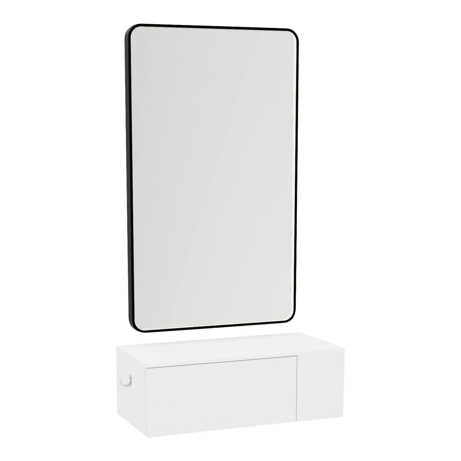 Glo Wall Mount Styling Station with Concealed Appliance Holder, Solid Surface Countertop, and Black Rectangle Westin Mirror
