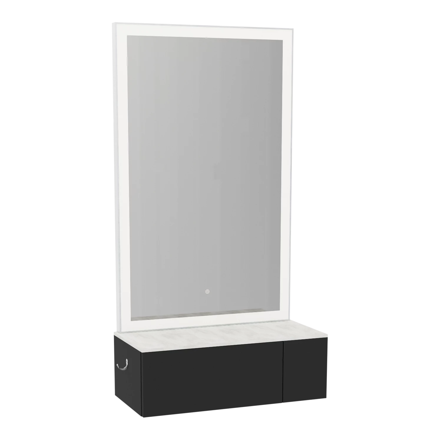 Glo Wall Mount Styling Station with Concealed Appliance Holder, Solid Surface Countertop, and Silver Rectangle Glo Mirror