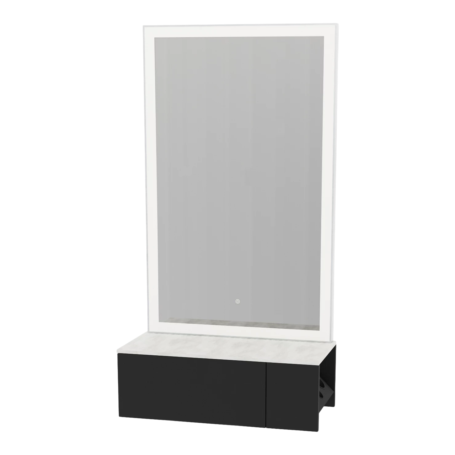 Glo Wall Mount Styling Station with Concealed Appliance Holder, Solid Surface Countertop, and Silver Rectangle Glo Mirror