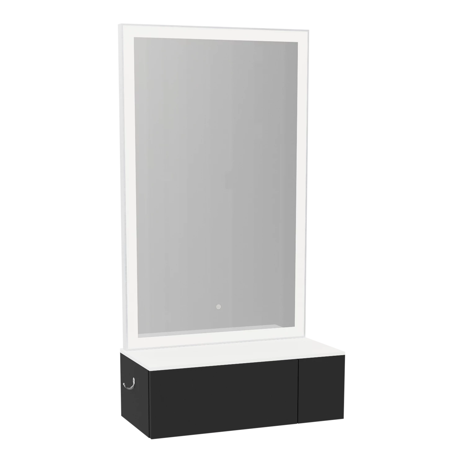 Glo Wall Mount Styling Station with Concealed Appliance Holder, Solid Surface Countertop, and Silver Rectangle Glo Mirror
