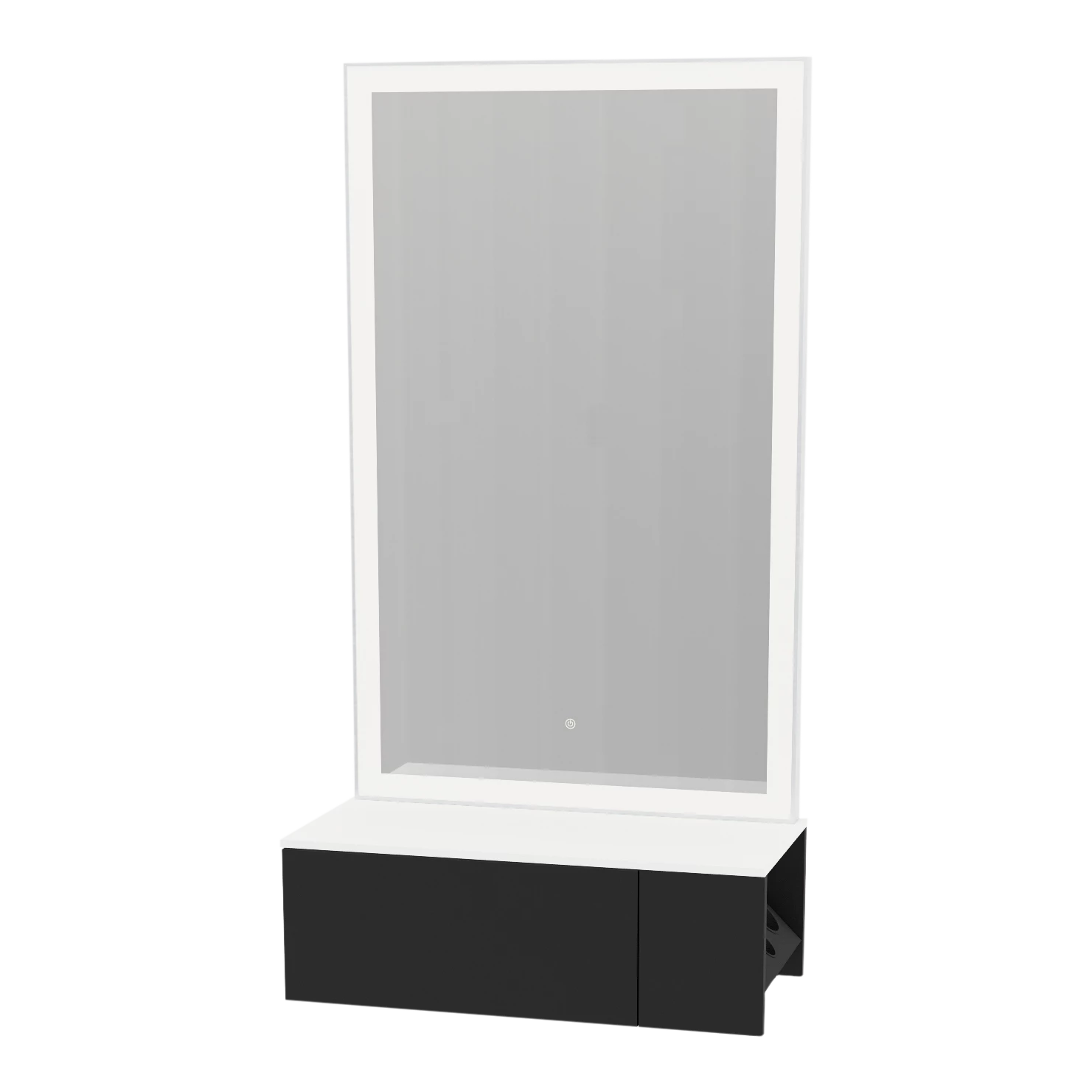 Glo Wall Mount Styling Station with Concealed Appliance Holder, Solid Surface Countertop, and Silver Rectangle Glo Mirror