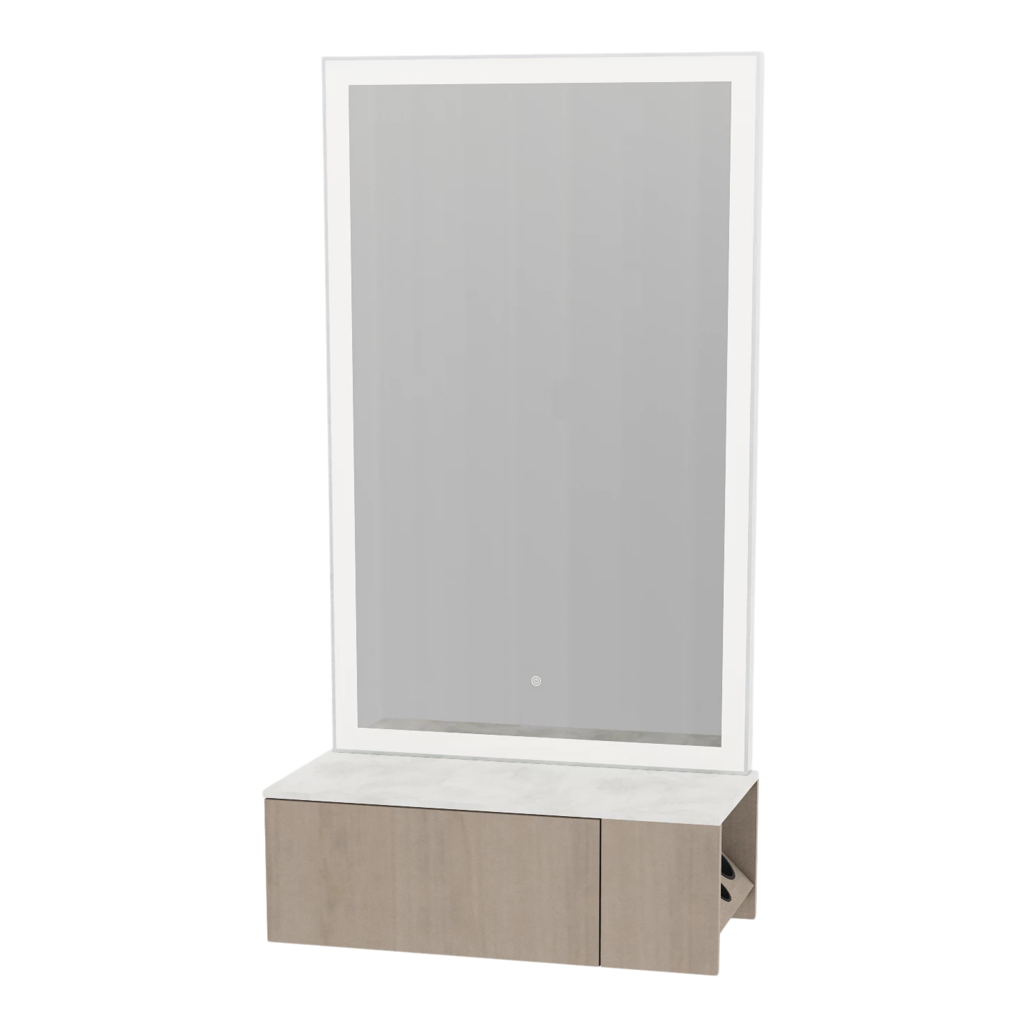 Glo Wall Mount Styling Station with Concealed Appliance Holder, Solid Surface Countertop, and Silver Rectangle Glo Mirror