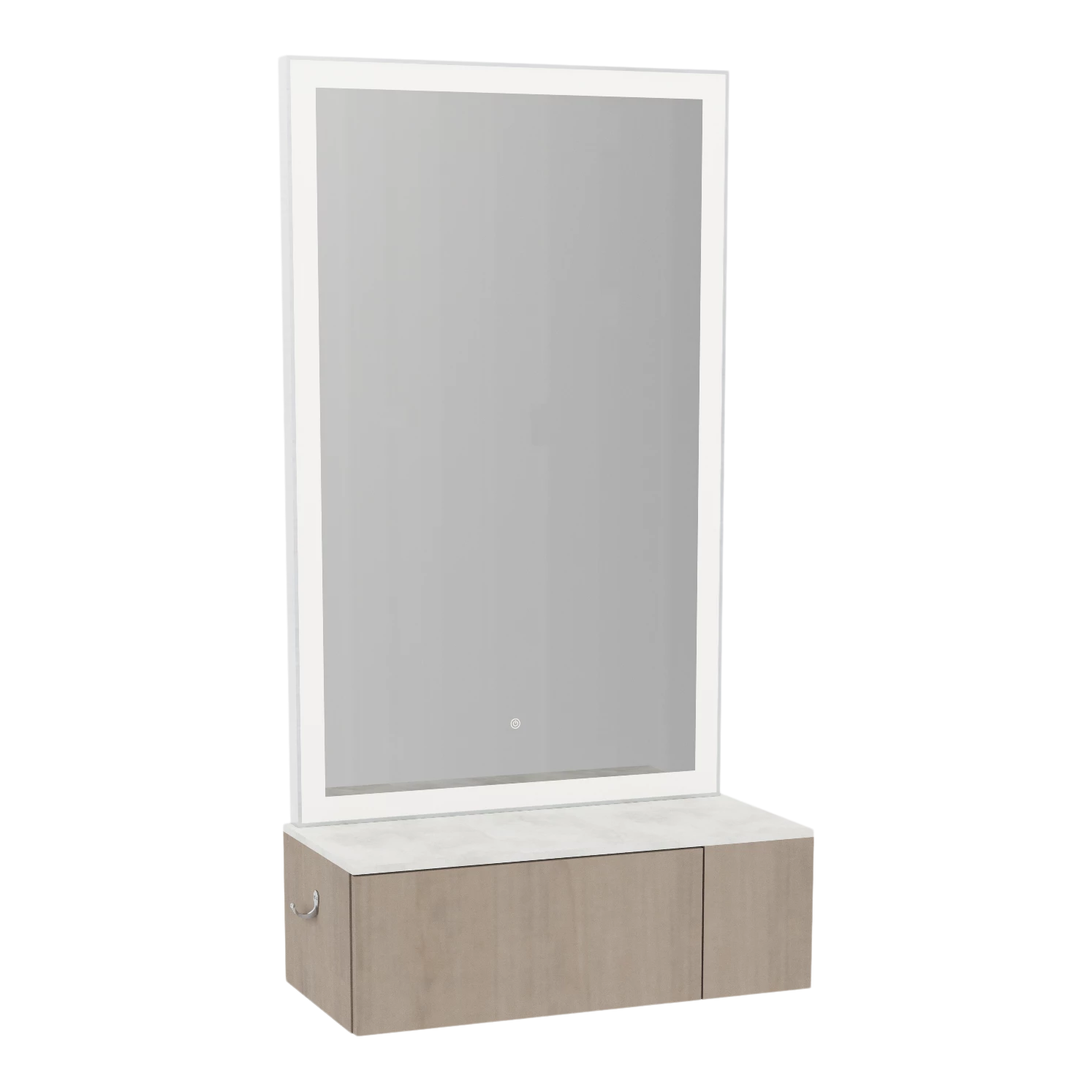 Glo Wall Mount Styling Station with Concealed Appliance Holder, Solid Surface Countertop, and Silver Rectangle Glo Mirror