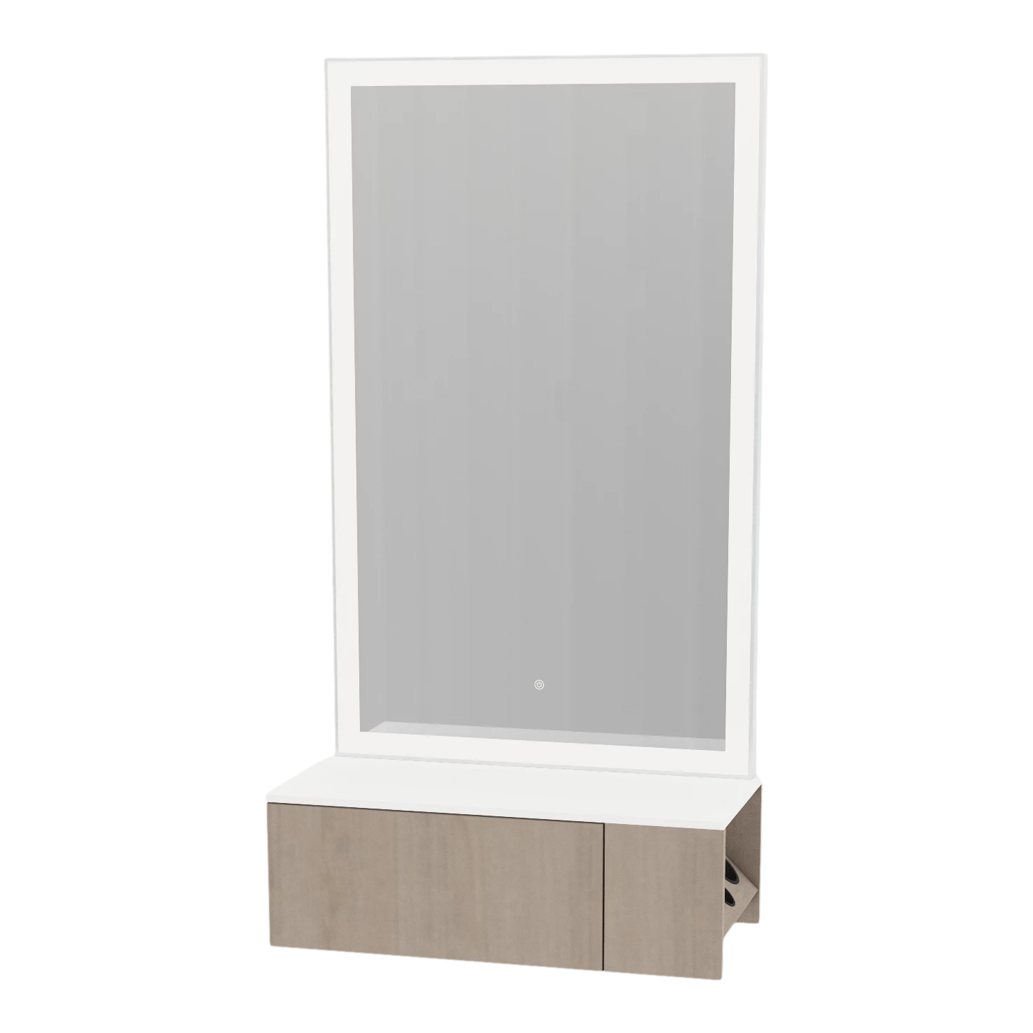 Glo Wall Mount Styling Station with Concealed Appliance Holder, Solid Surface Countertop, and Silver Rectangle Glo Mirror