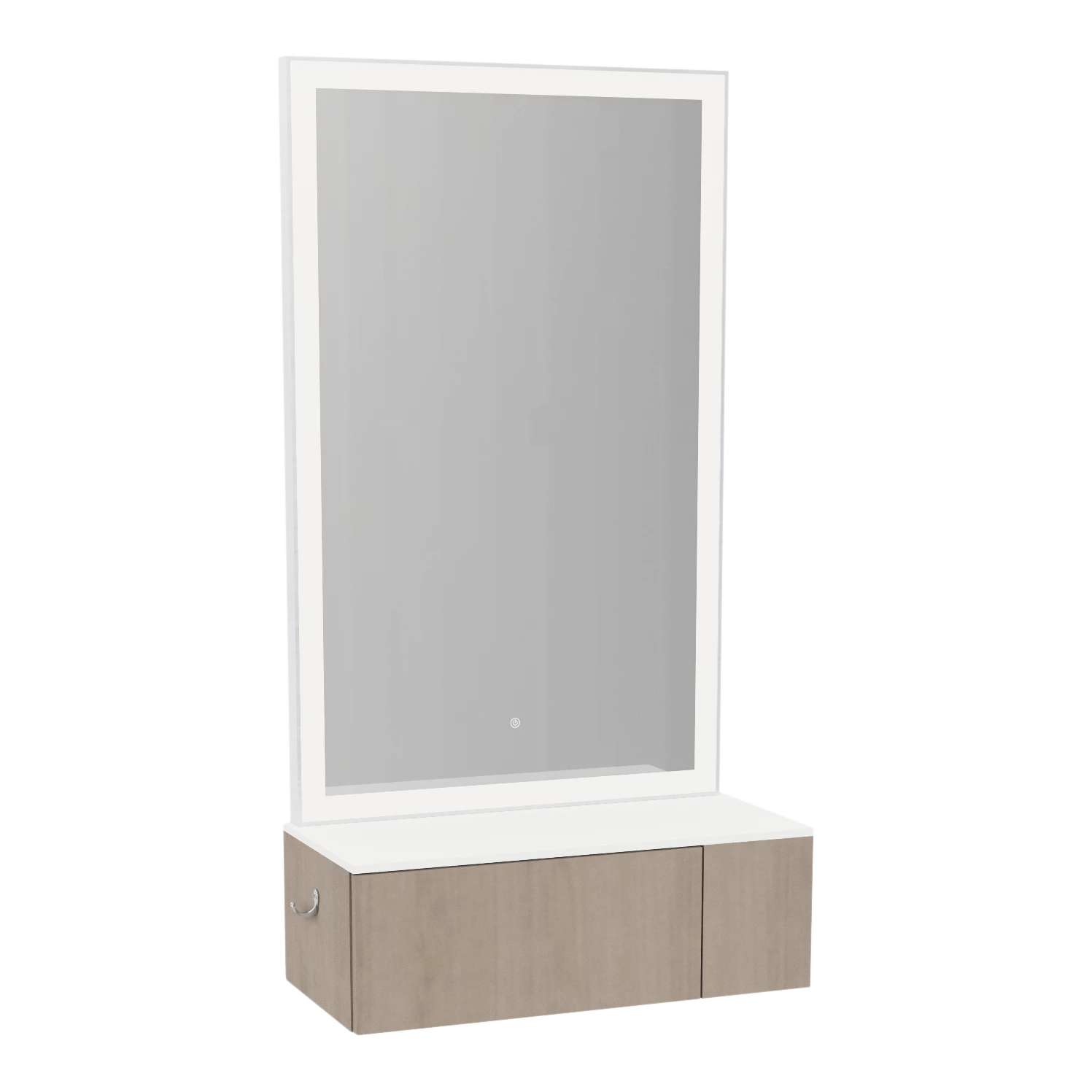 Glo Wall Mount Styling Station with Concealed Appliance Holder, Solid Surface Countertop, and Silver Rectangle Glo Mirror