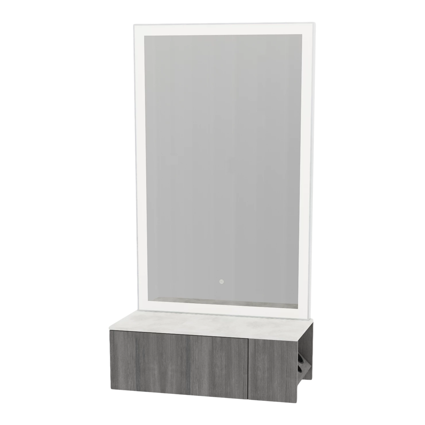 Glo Wall Mount Styling Station with Concealed Appliance Holder, Solid Surface Countertop, and Silver Rectangle Glo Mirror