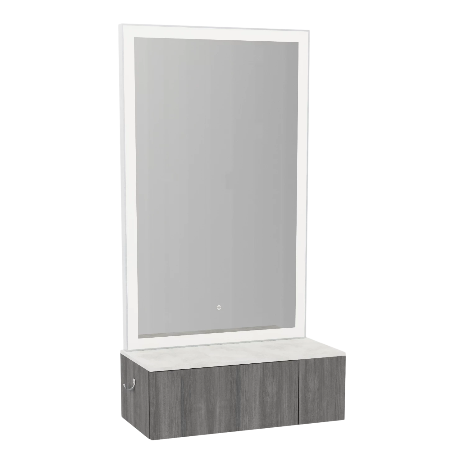 Glo Wall Mount Styling Station with Concealed Appliance Holder, Solid Surface Countertop, and Silver Rectangle Glo Mirror