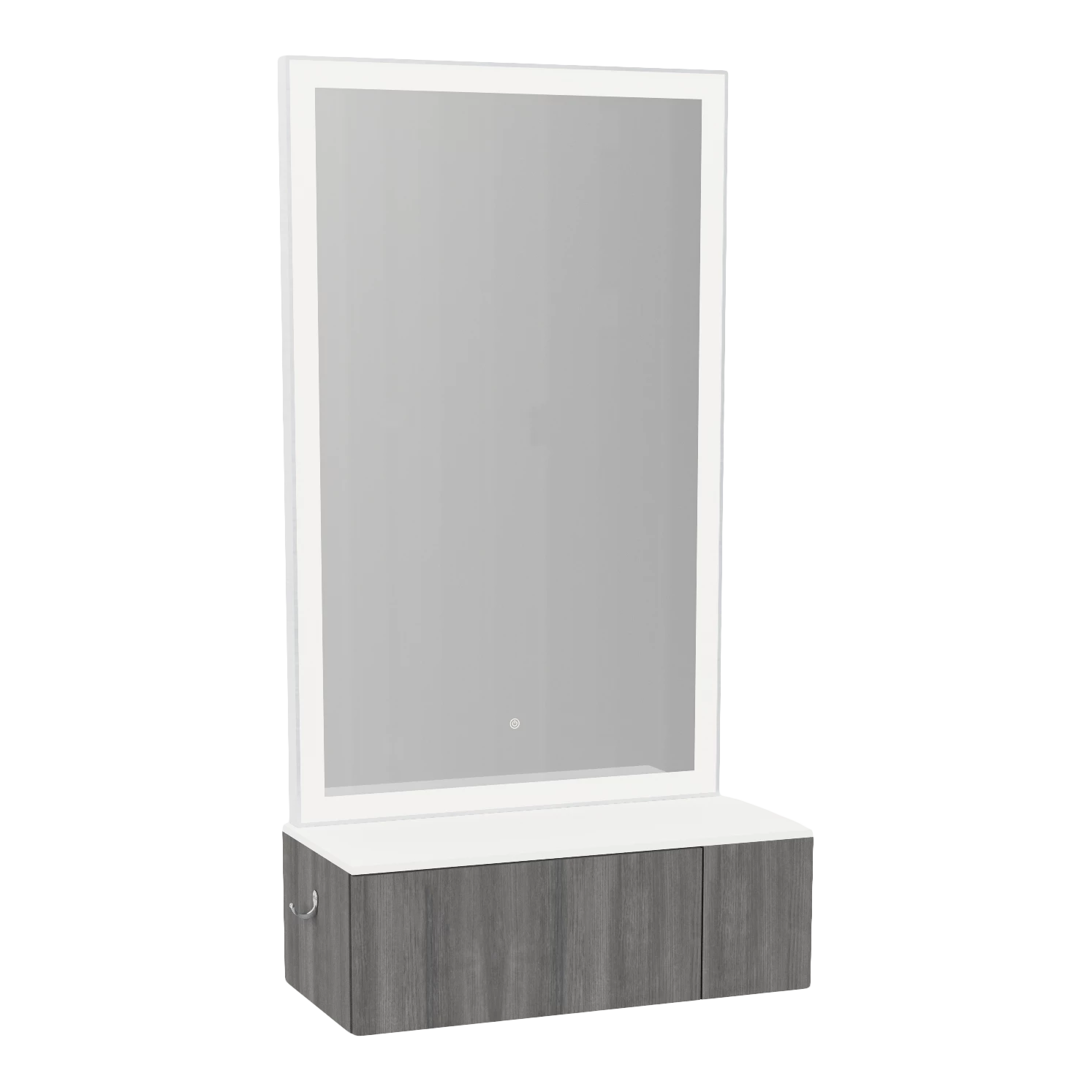 Glo Wall Mount Styling Station with Concealed Appliance Holder, Solid Surface Countertop, and Silver Rectangle Glo Mirror