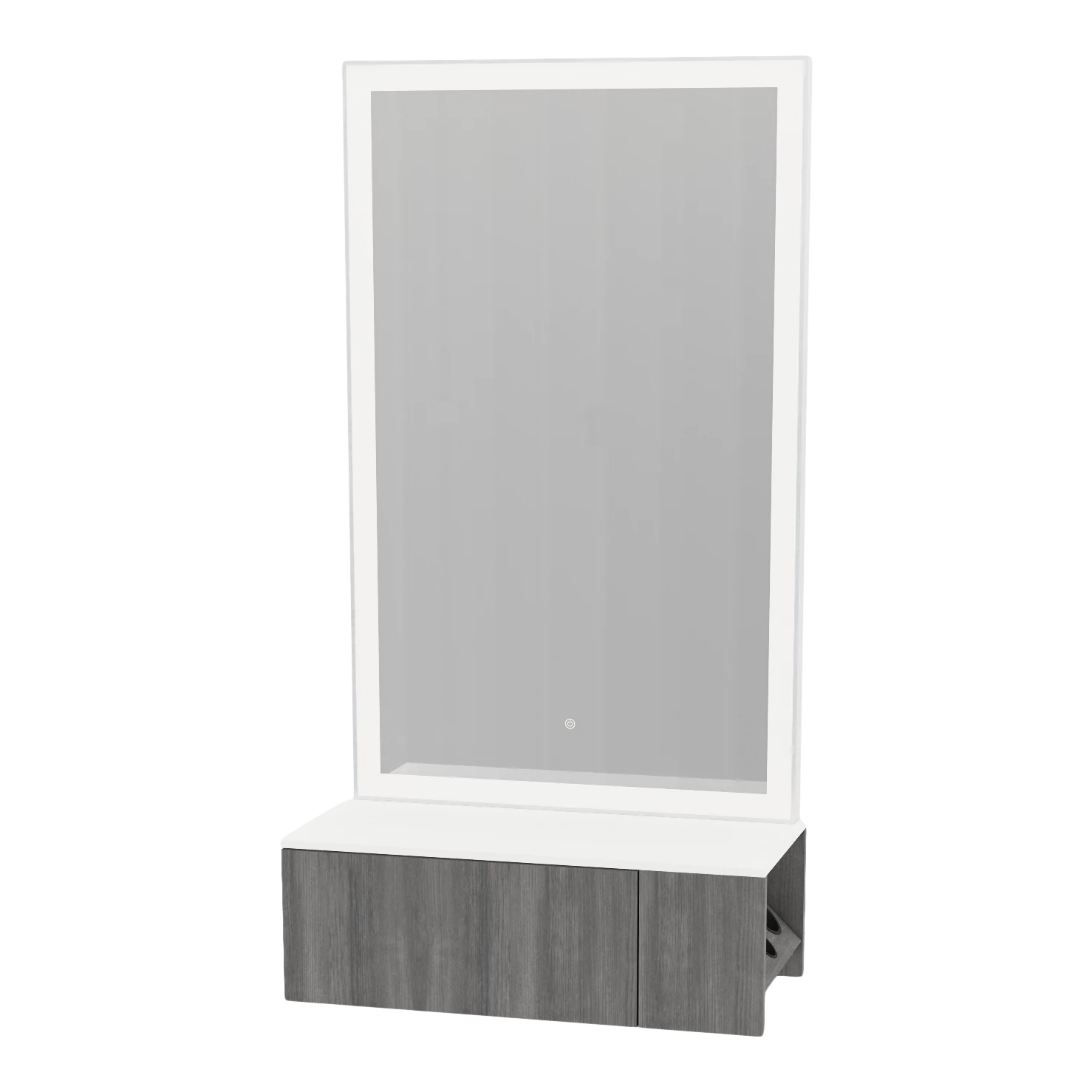 Glo Wall Mount Styling Station with Concealed Appliance Holder, Solid Surface Countertop, and Silver Rectangle Glo Mirror