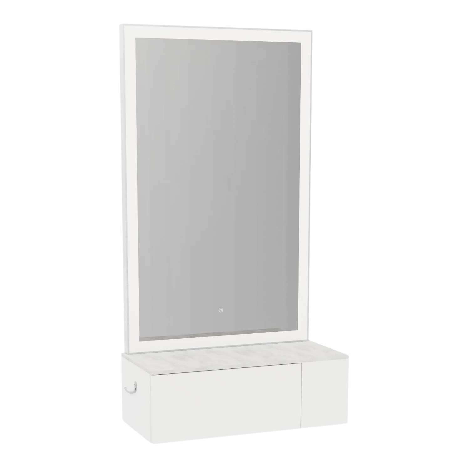 Glo Wall Mount Styling Station with Concealed Appliance Holder, Solid Surface Countertop, and Silver Rectangle Glo Mirror