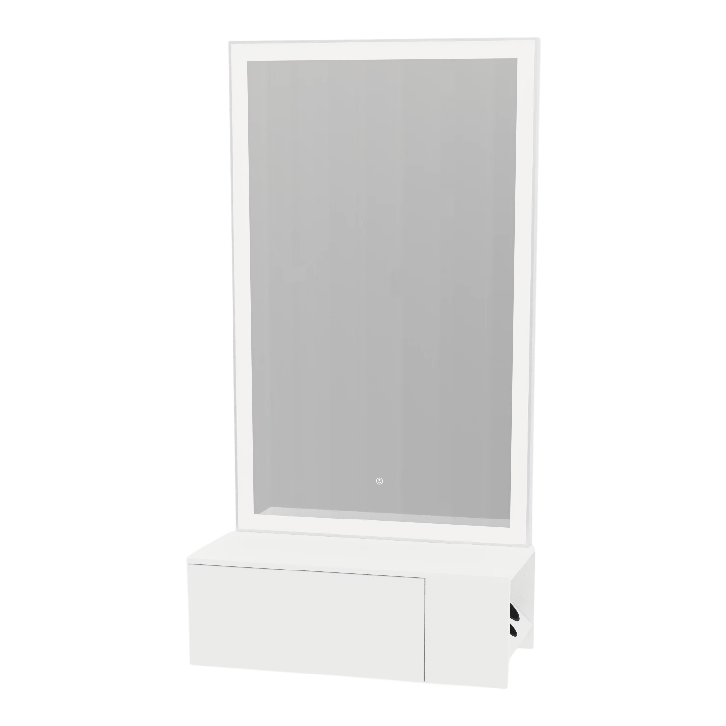 Glo Wall Mount Styling Station with Concealed Appliance Holder, Solid Surface Countertop, and Silver Rectangle Glo Mirror