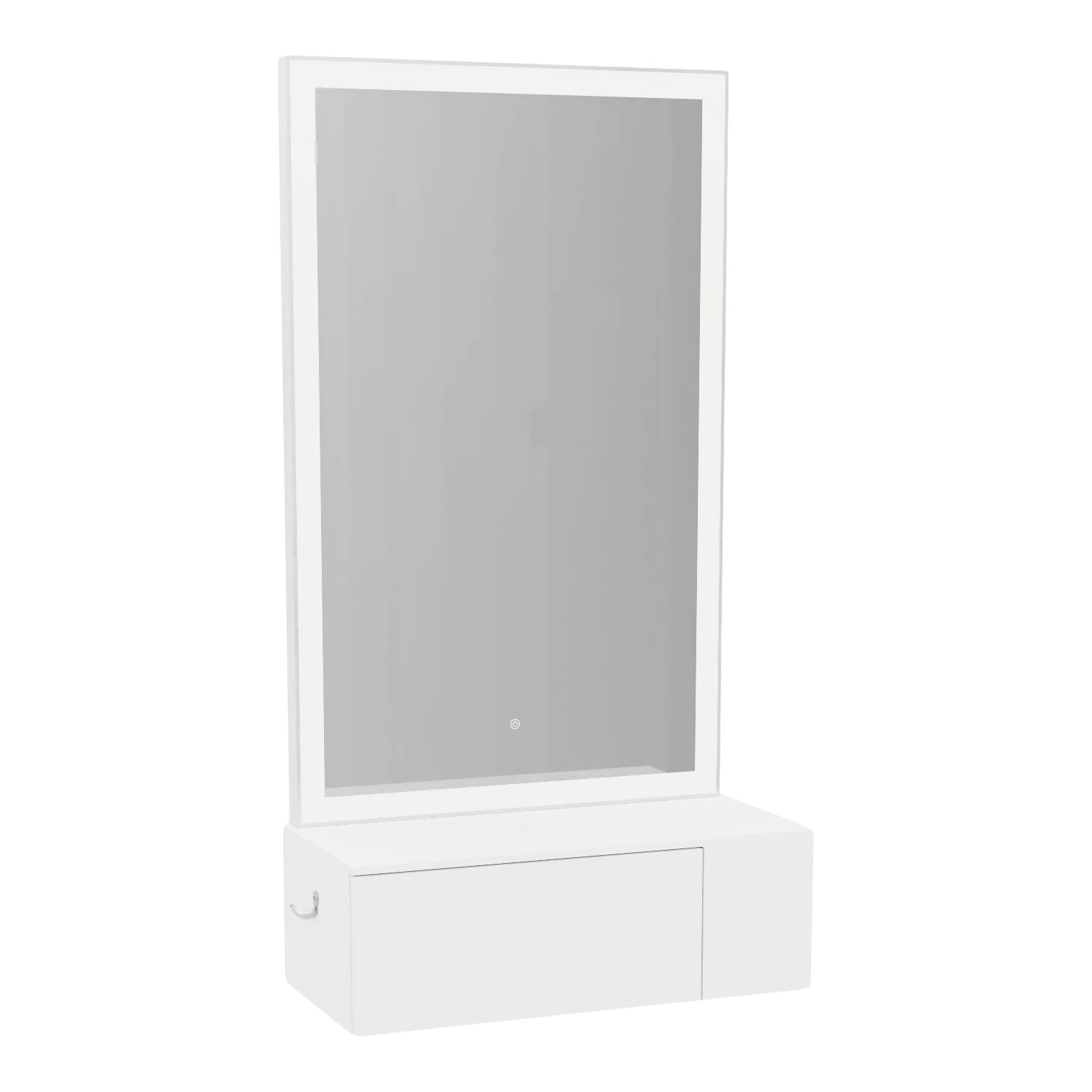 Glo Wall Mount Styling Station with Concealed Appliance Holder, Solid Surface Countertop, and Silver Rectangle Glo Mirror