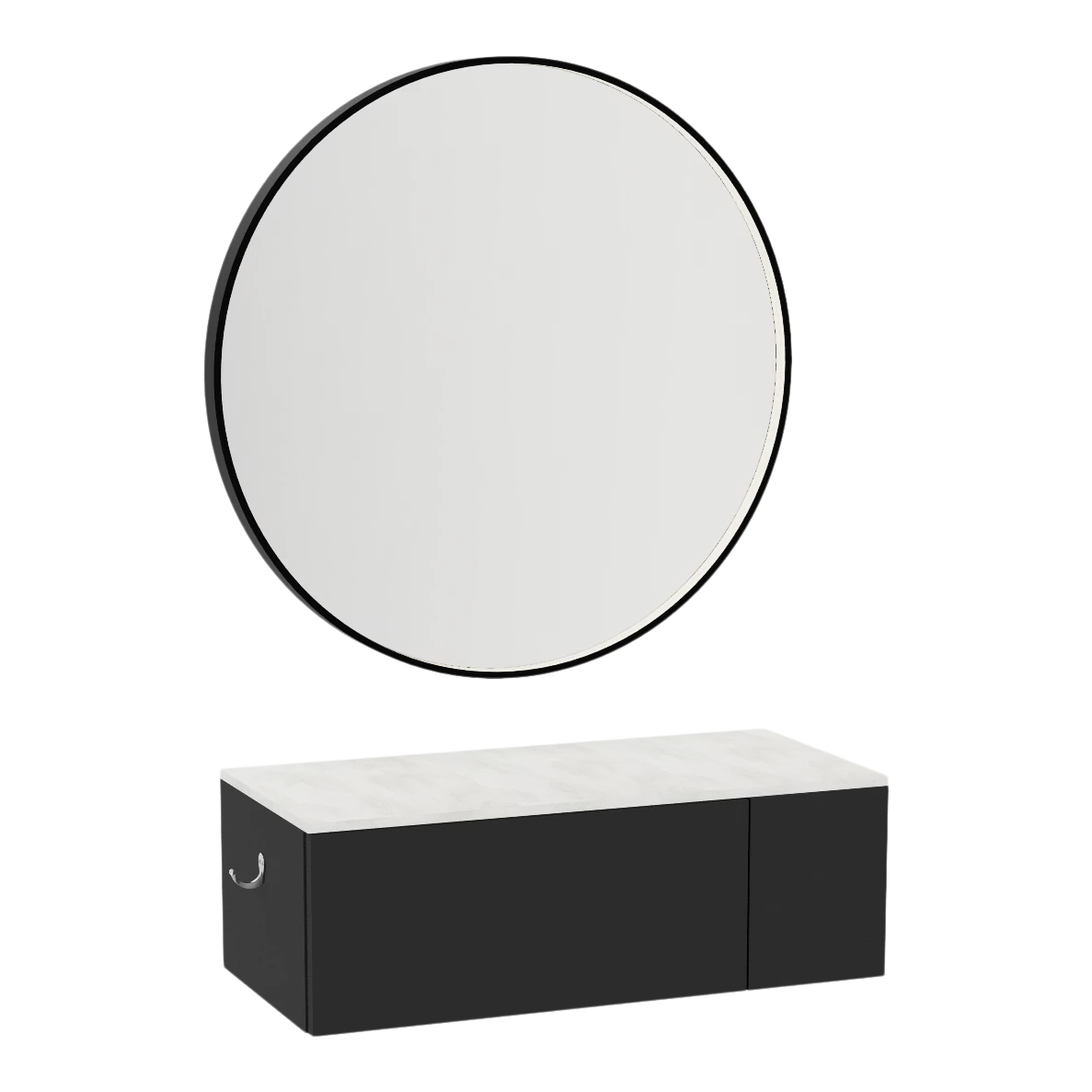 Glo Wall Mount Styling Station with Concealed Appliance Holder, Solid Surface Countertop, and Black Round Westin Mirror
