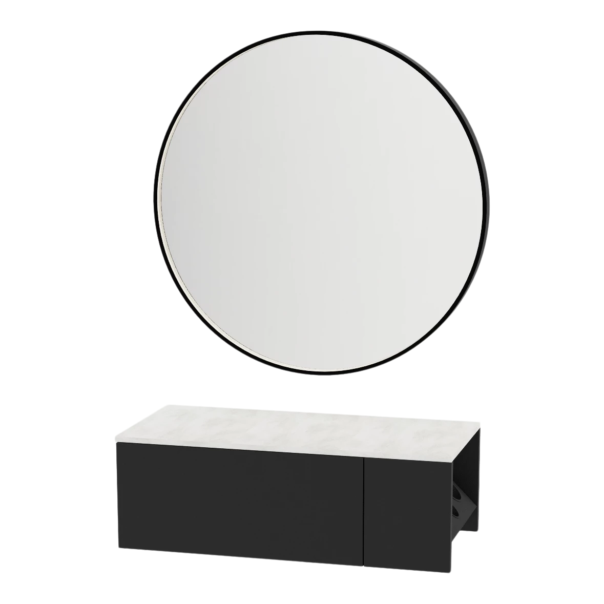 Glo Wall Mount Styling Station with Concealed Appliance Holder, Solid Surface Countertop, and Black Round Westin Mirror