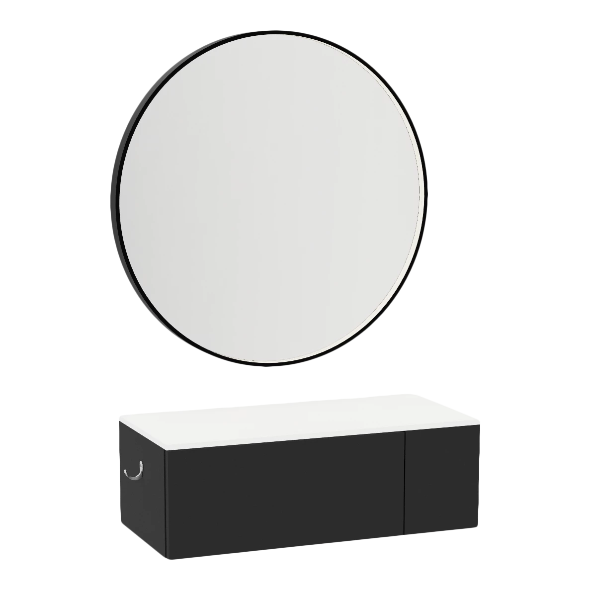 Glo Wall Mount Styling Station with Concealed Appliance Holder, Solid Surface Countertop, and Black Round Westin Mirror