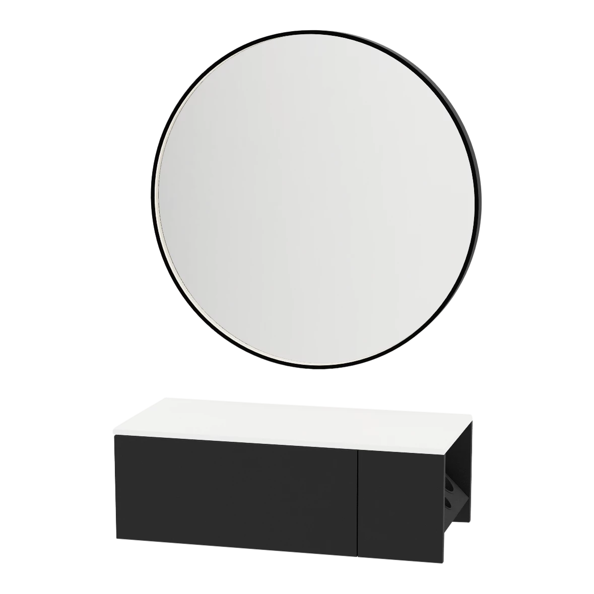 Glo Wall Mount Styling Station with Concealed Appliance Holder, Solid Surface Countertop, and Black Round Westin Mirror