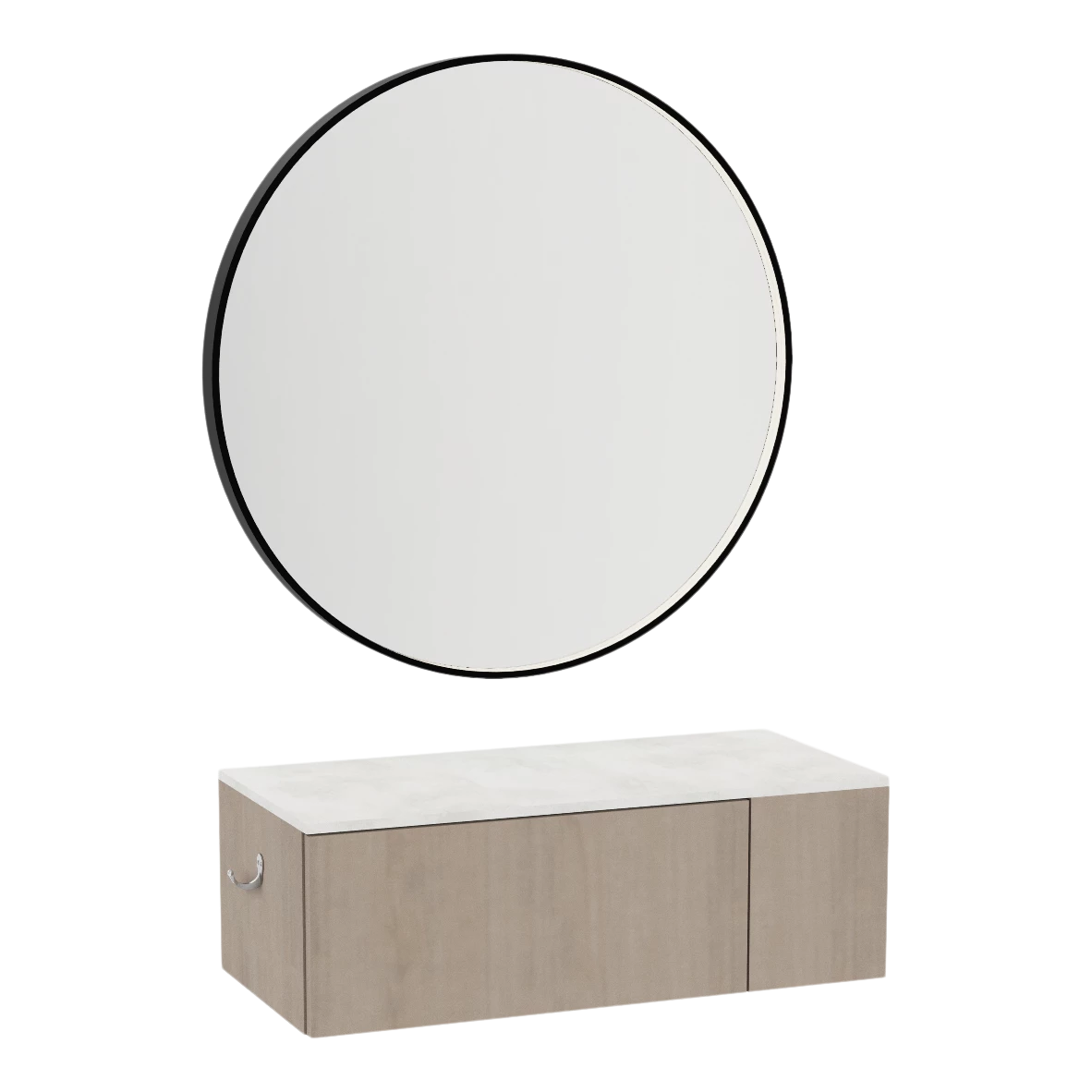Glo Wall Mount Styling Station with Concealed Appliance Holder, Solid Surface Countertop, and Black Round Westin Mirror