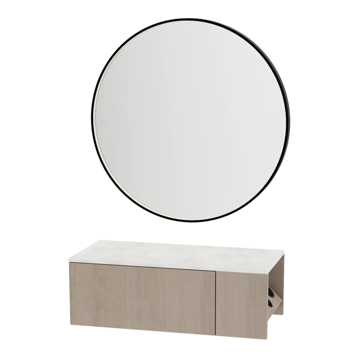 Glo Wall Mount Styling Station with Concealed Appliance Holder, Solid Surface Countertop, and Black Round Westin Mirror