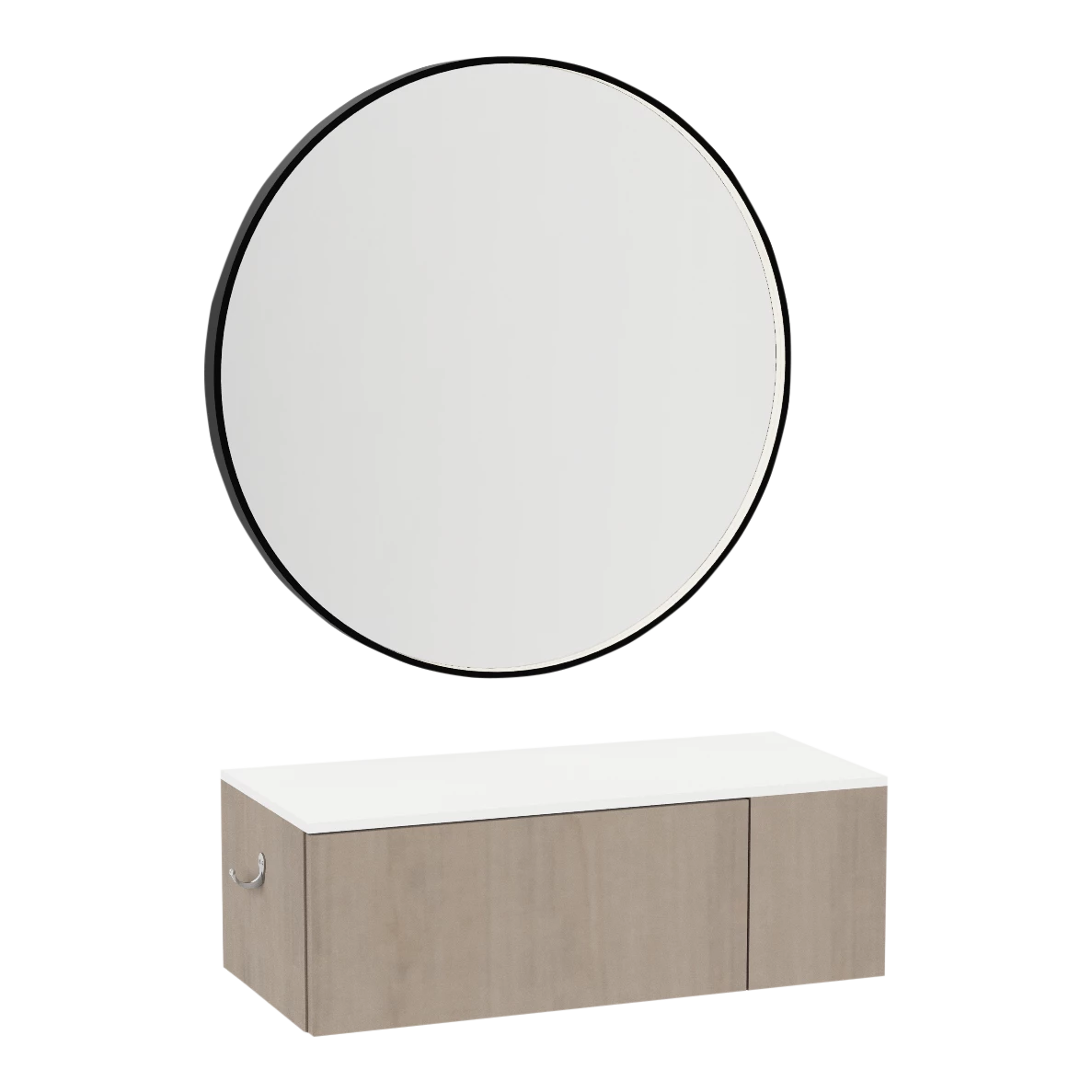 Glo Wall Mount Styling Station with Concealed Appliance Holder, Solid Surface Countertop, and Black Round Westin Mirror