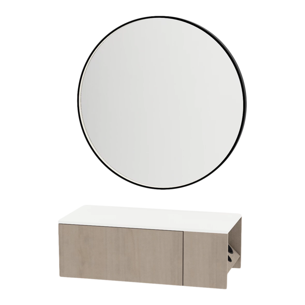 Glo Wall Mount Styling Station with Concealed Appliance Holder, Solid Surface Countertop, and Black Round Westin Mirror