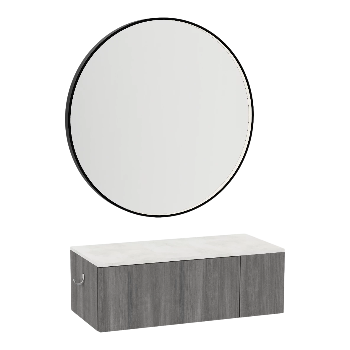 Glo Wall Mount Styling Station with Concealed Appliance Holder, Solid Surface Countertop, and Black Round Westin Mirror
