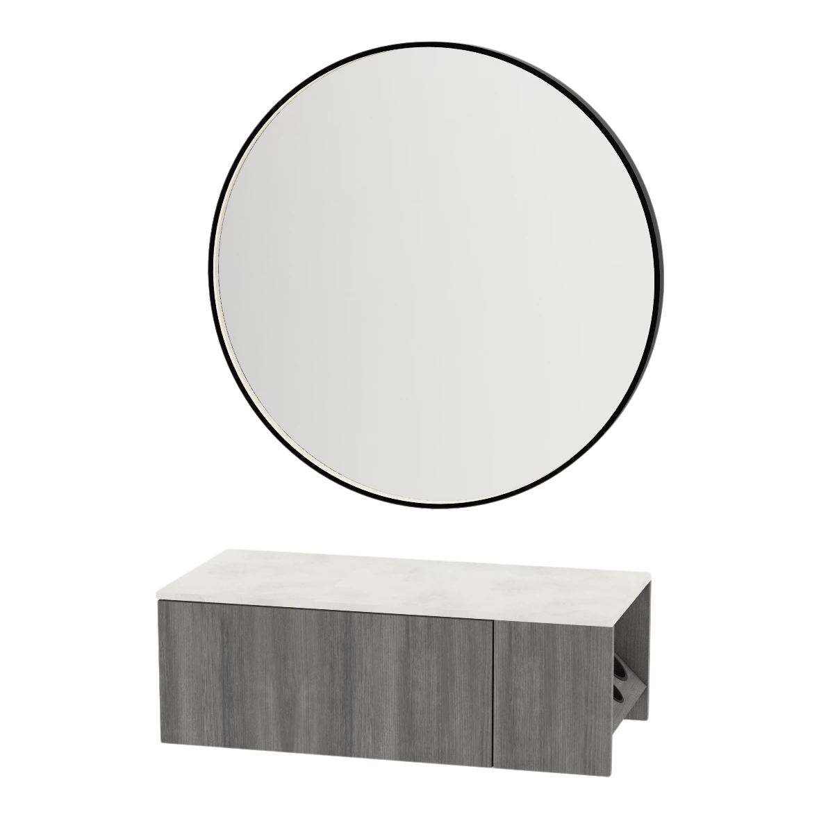 Glo Wall Mount Styling Station with Concealed Appliance Holder, Solid Surface Countertop, and Black Round Westin Mirror