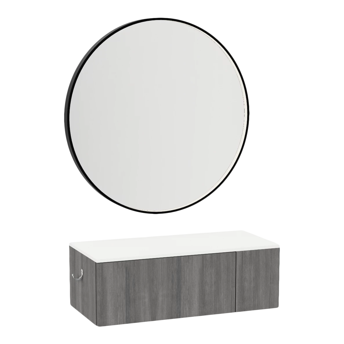 Glo Wall Mount Styling Station with Concealed Appliance Holder, Solid Surface Countertop, and Black Round Westin Mirror