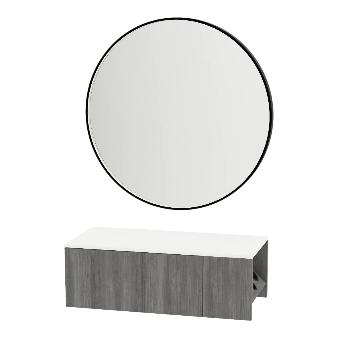 Glo Wall Mount Styling Station with Concealed Appliance Holder, Solid Surface Countertop, and Black Round Westin Mirror