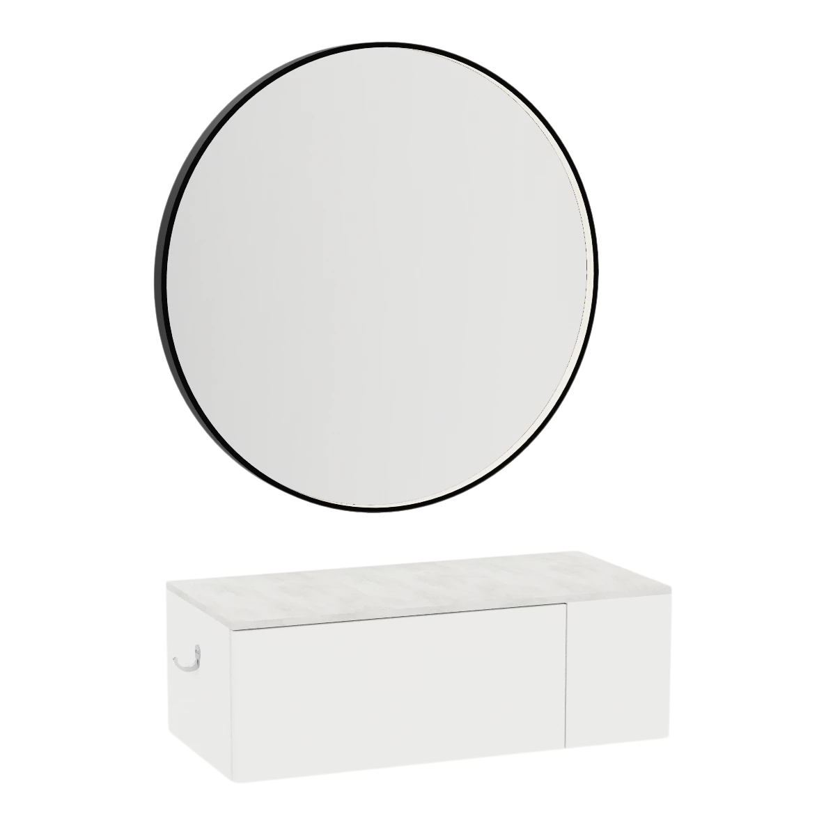 Glo Wall Mount Styling Station with Concealed Appliance Holder, Solid Surface Countertop, and Black Round Westin Mirror