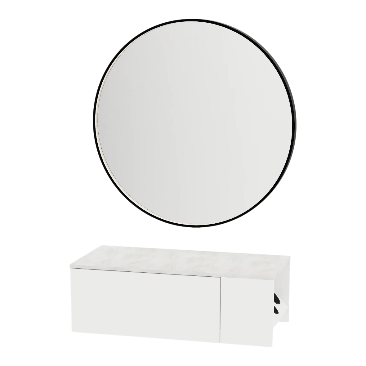 Glo Wall Mount Styling Station with Concealed Appliance Holder, Solid Surface Countertop, and Black Round Westin Mirror