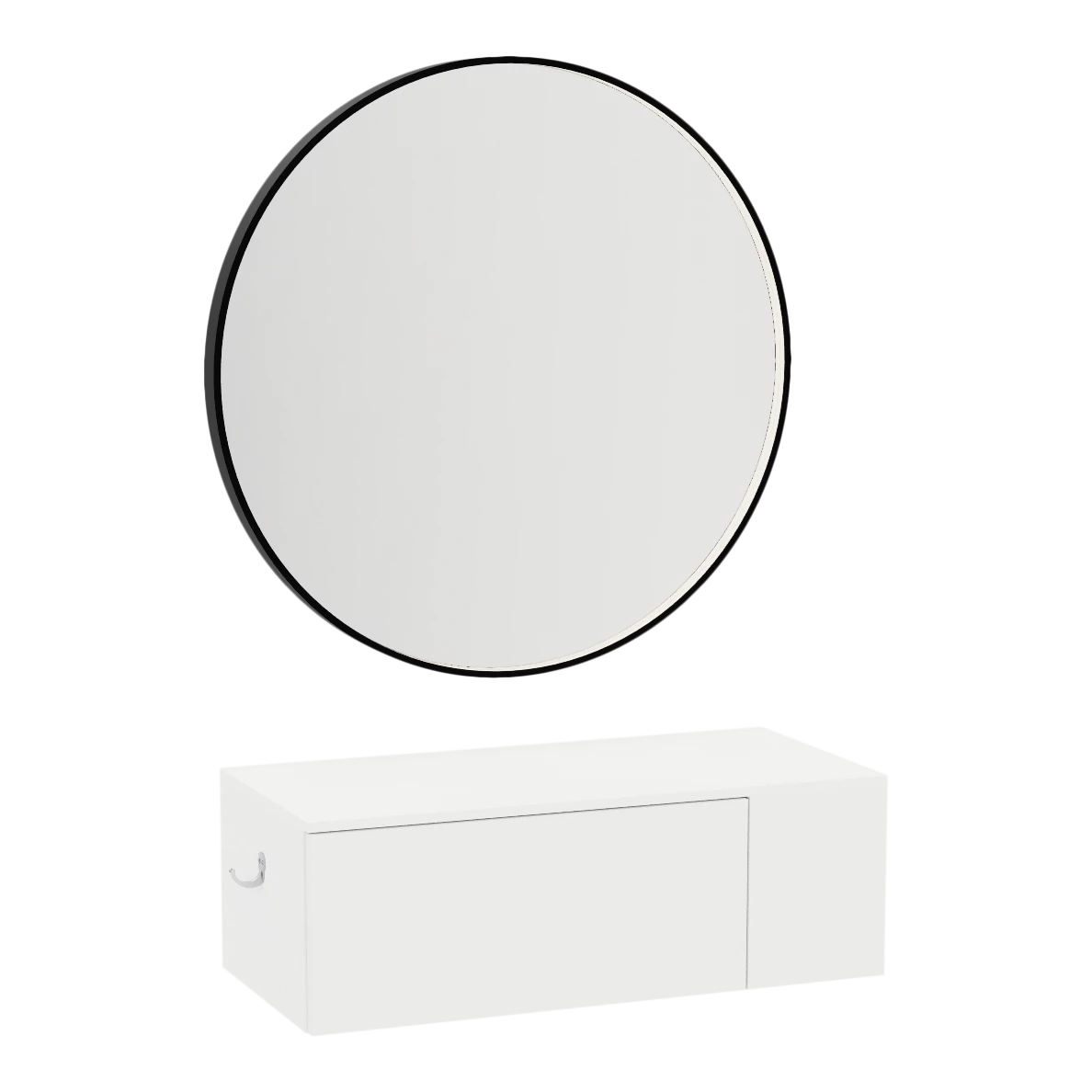 Glo Wall Mount Styling Station with Concealed Appliance Holder, Solid Surface Countertop, and Black Round Westin Mirror