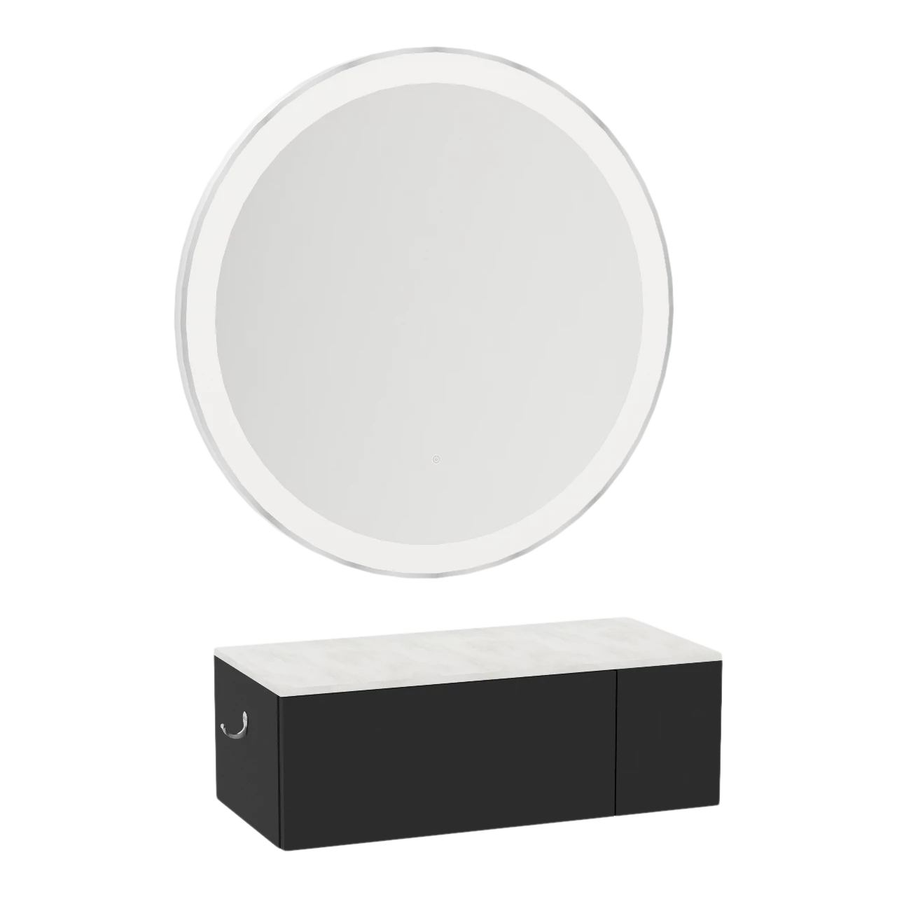 Glo Wall Mount Styling Station with Concealed Appliance Holder, Solid Surface Countertop, and Silver Round Glo Mirror