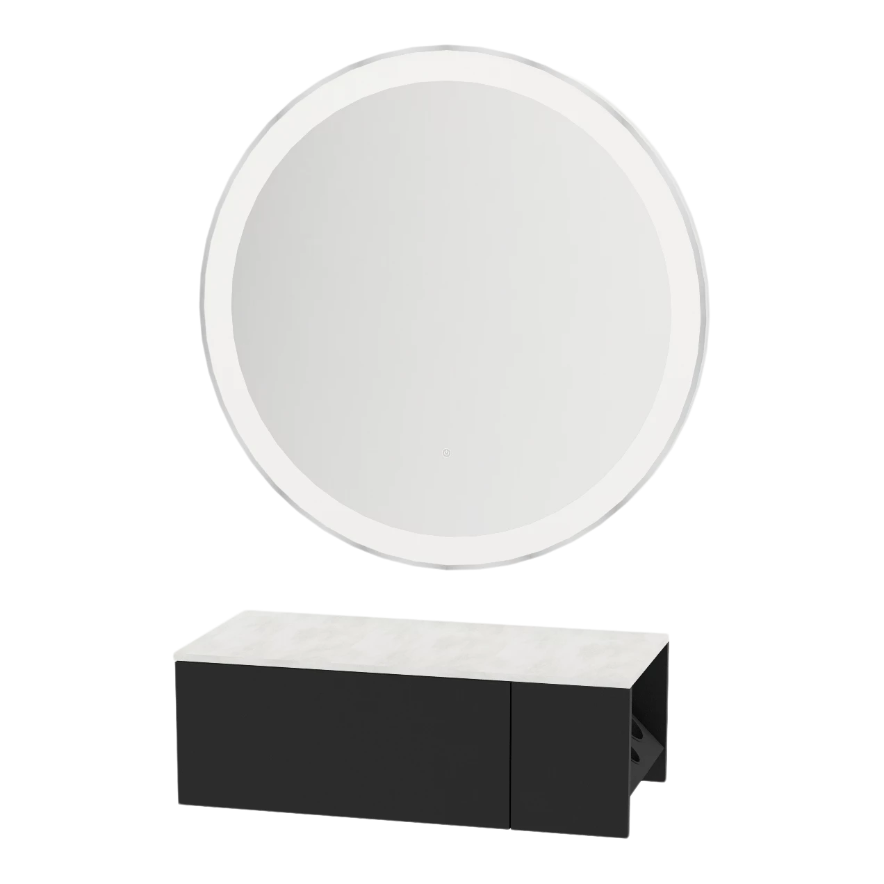 Glo Wall Mount Styling Station with Concealed Appliance Holder, Solid Surface Countertop, and Silver Round Glo Mirror