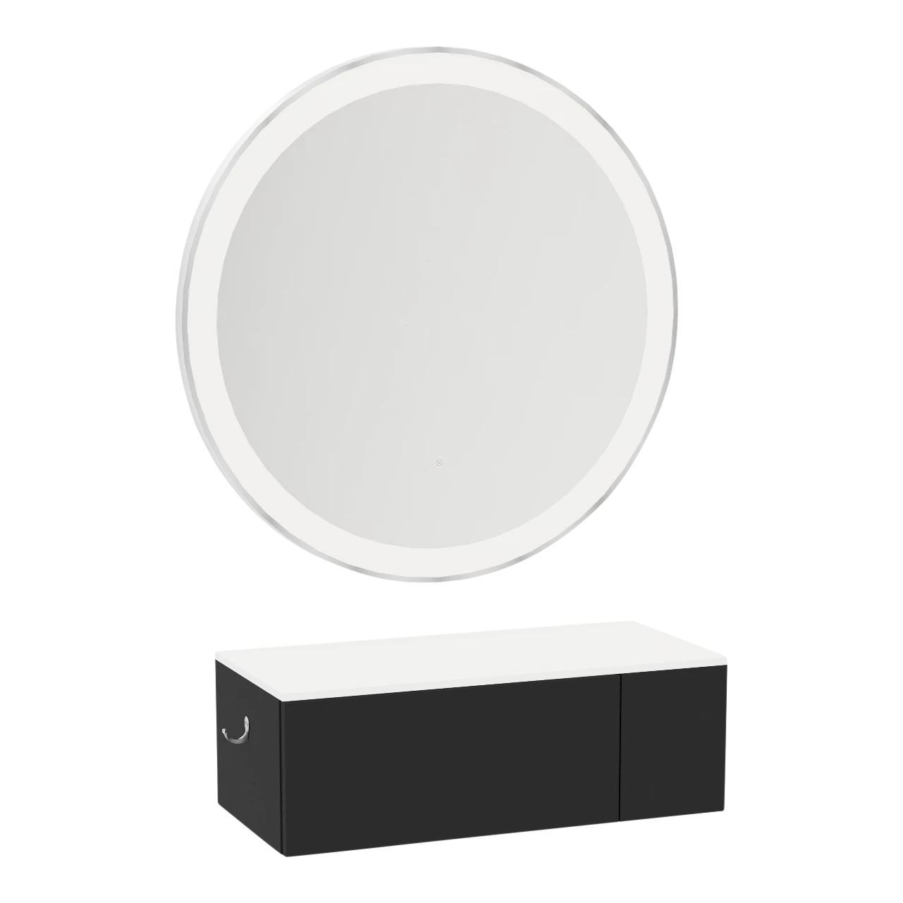 Glo Wall Mount Styling Station with Concealed Appliance Holder, Solid Surface Countertop, and Silver Round Glo Mirror