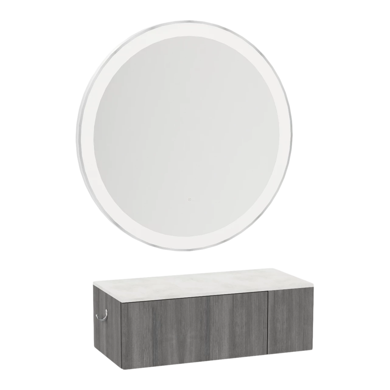 Glo Wall Mount Styling Station with Concealed Appliance Holder, Solid Surface Countertop, and Silver Round Glo Mirror