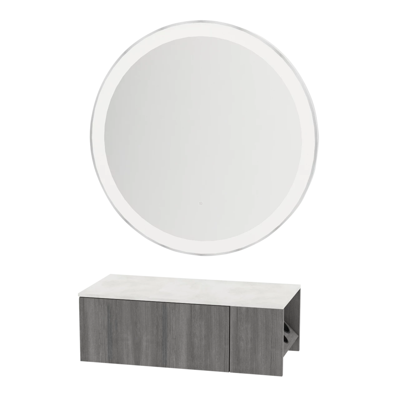 Glo Wall Mount Styling Station with Concealed Appliance Holder, Solid Surface Countertop, and Silver Round Glo Mirror