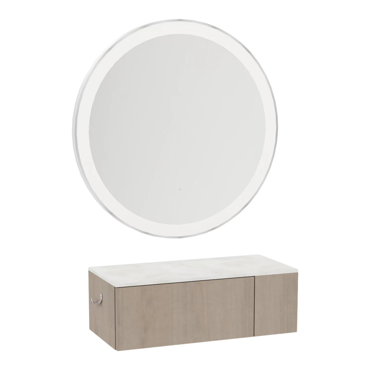 Glo Wall Mount Styling Station with Concealed Appliance Holder, Solid Surface Countertop, and Silver Round Glo Mirror