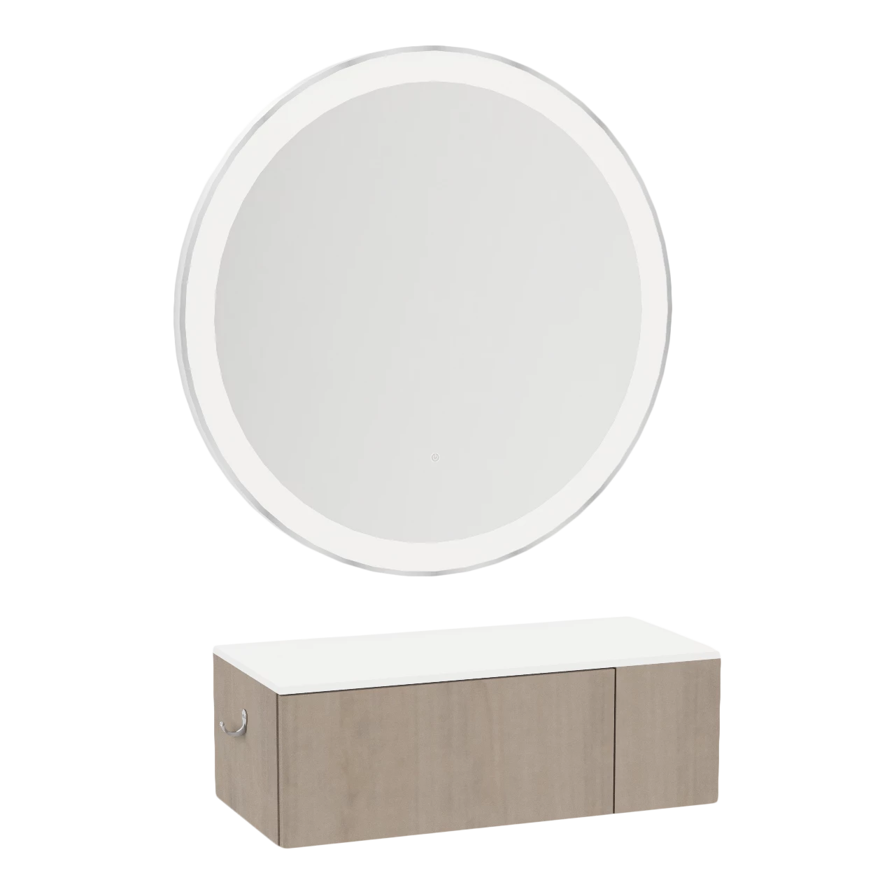 Glo Wall Mount Styling Station with Concealed Appliance Holder, Solid Surface Countertop, and Silver Round Glo Mirror