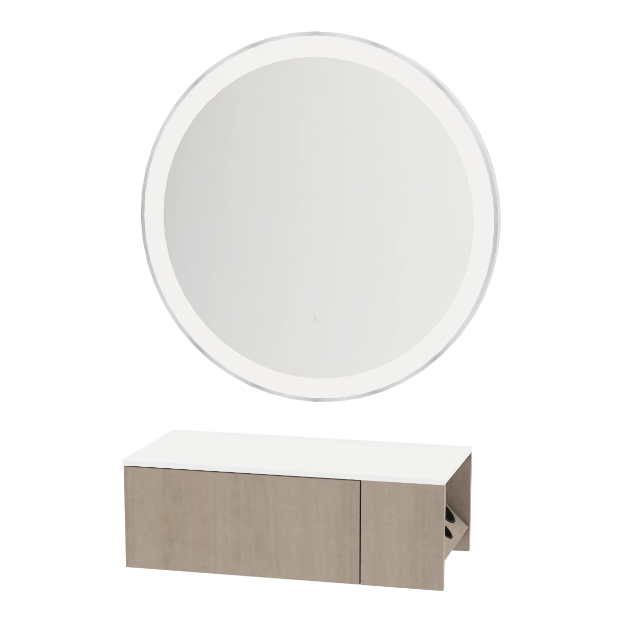 Glo Wall Mount Styling Station with Concealed Appliance Holder, Solid Surface Countertop, and Silver Round Glo Mirror
