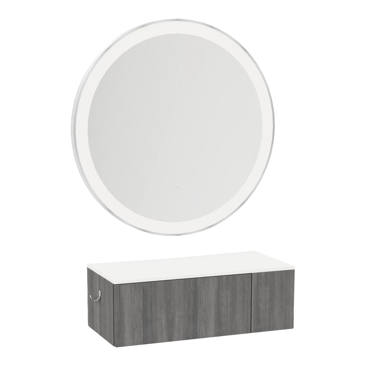 Glo Wall Mount Styling Station with Concealed Appliance Holder, Solid Surface Countertop, and Silver Round Glo Mirror
