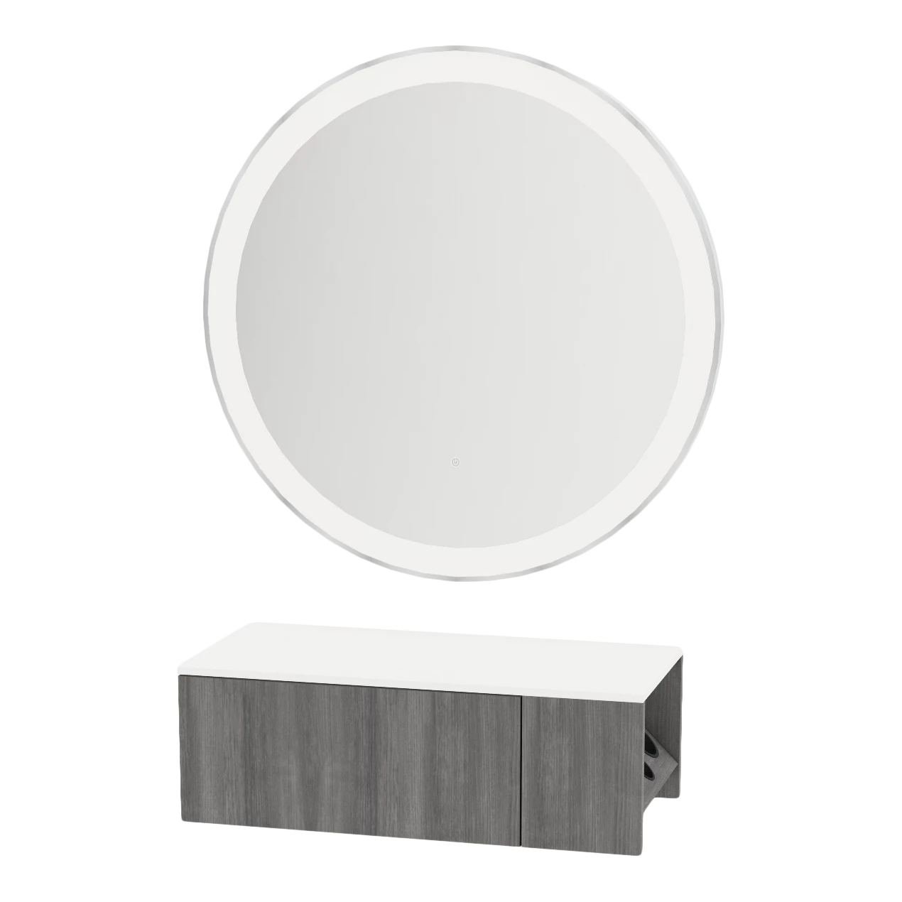 Glo Wall Mount Styling Station with Concealed Appliance Holder, Solid Surface Countertop, and Silver Round Glo Mirror