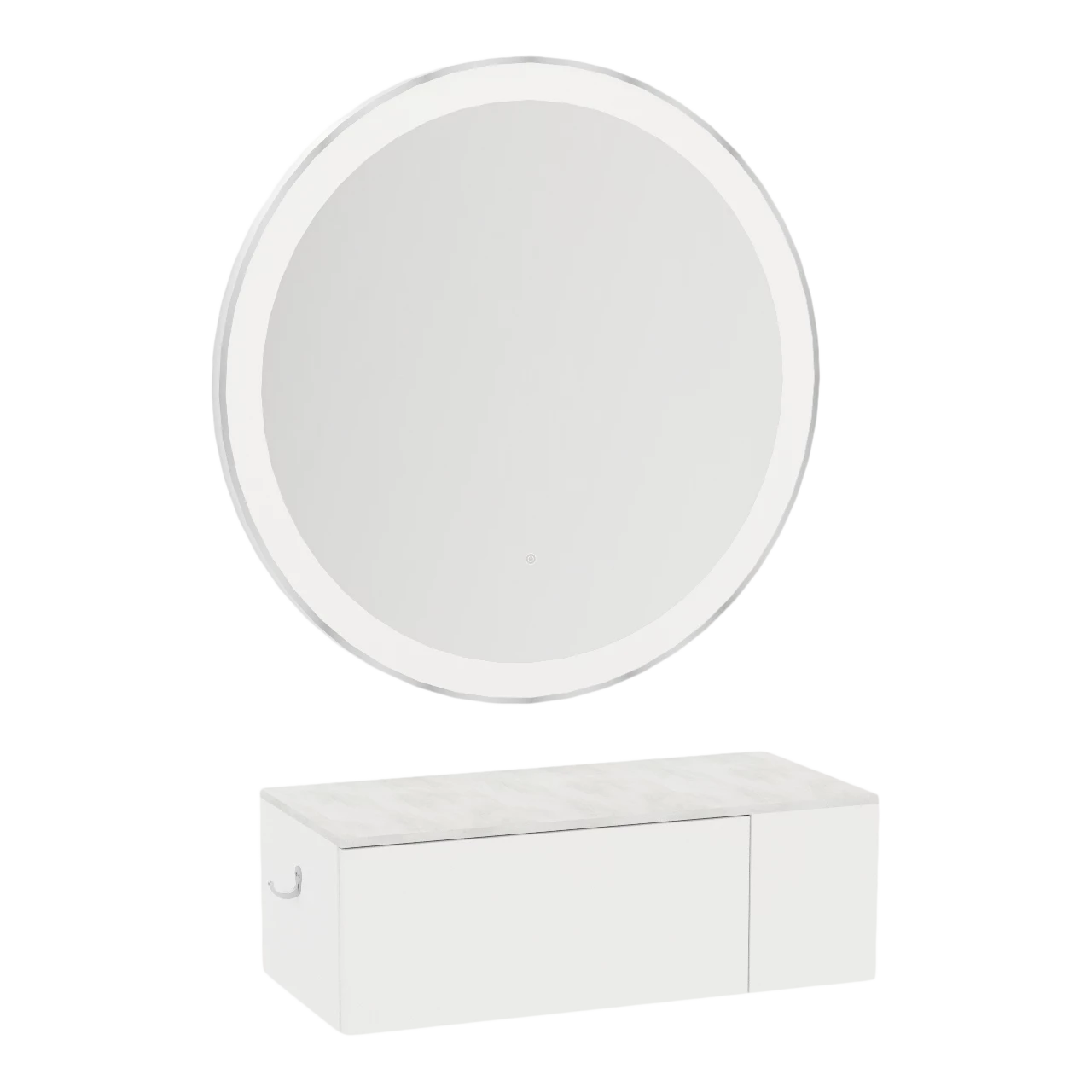 Glo Wall Mount Styling Station with Concealed Appliance Holder, Solid Surface Countertop, and Silver Round Glo Mirror