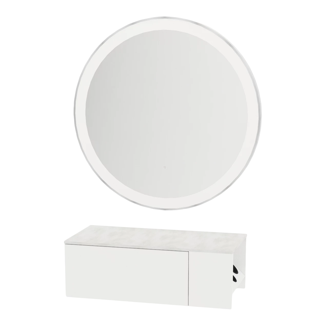 Glo Wall Mount Styling Station with Concealed Appliance Holder, Solid Surface Countertop, and Silver Round Glo Mirror