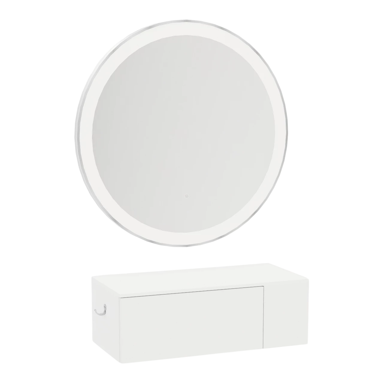 Glo Wall Mount Styling Station with Concealed Appliance Holder, Solid Surface Countertop, and Silver Round Glo Mirror