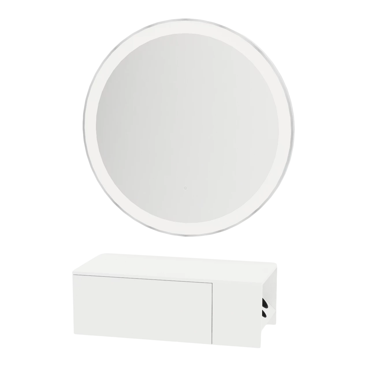 Glo Wall Mount Styling Station with Concealed Appliance Holder, Solid Surface Countertop, and Silver Round Glo Mirror