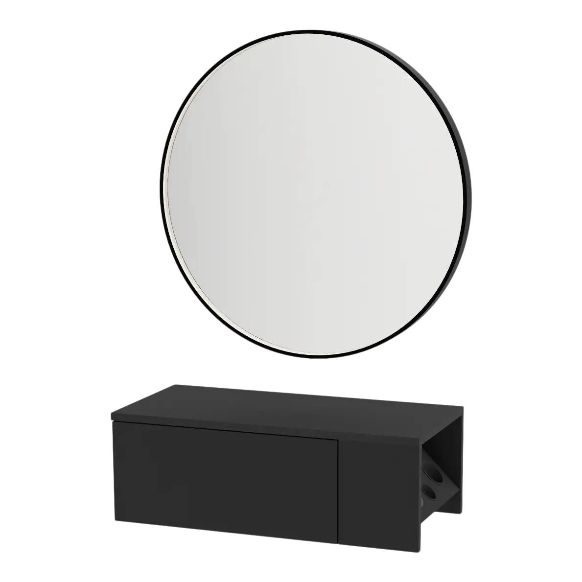 Glo Wall Mount Styling Station with Concealed Appliance Holder and Black Round Westin Mirror